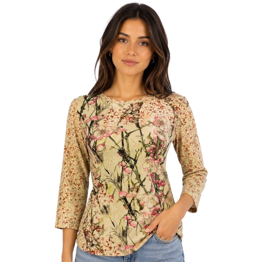 One World Floral Beaded 3/4 Sleeve Top Small Cream Cherry Blossom Knit Cottage